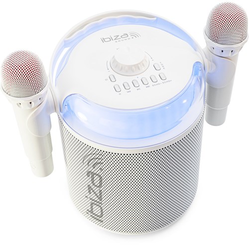 Enceinte BT Karaoké 120W - 2 micros sans fil, effets LED & vocaux - Blanc