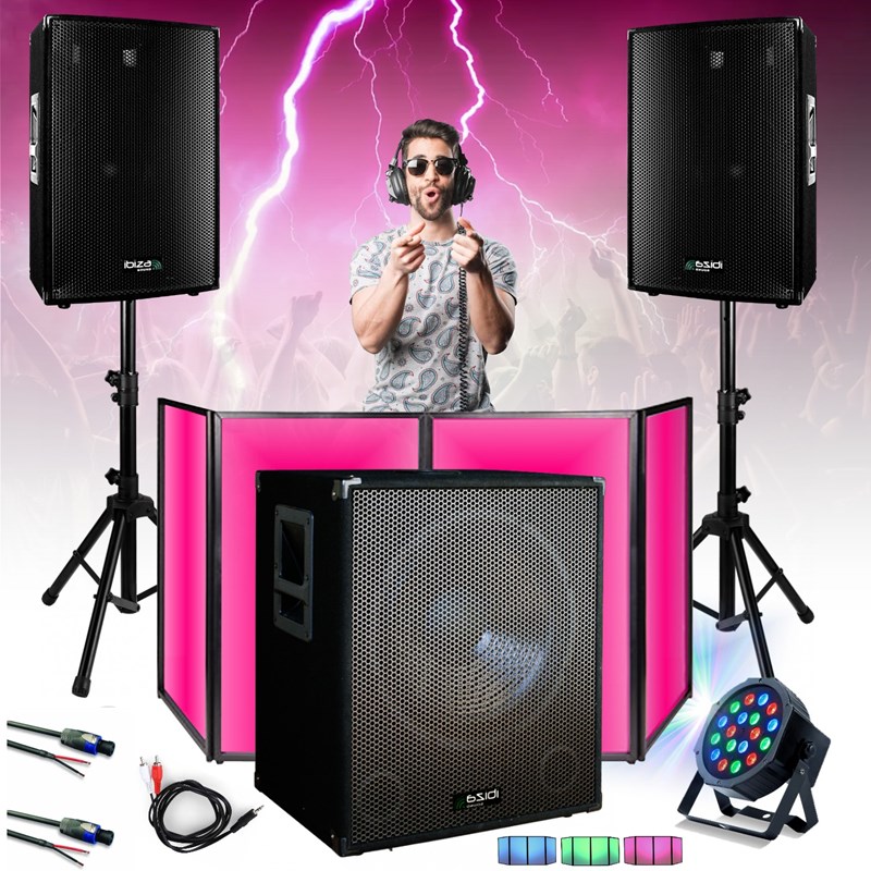 Pack 2 Enceintes 700W - Caisson de basses 800W - Facade - Projecteur