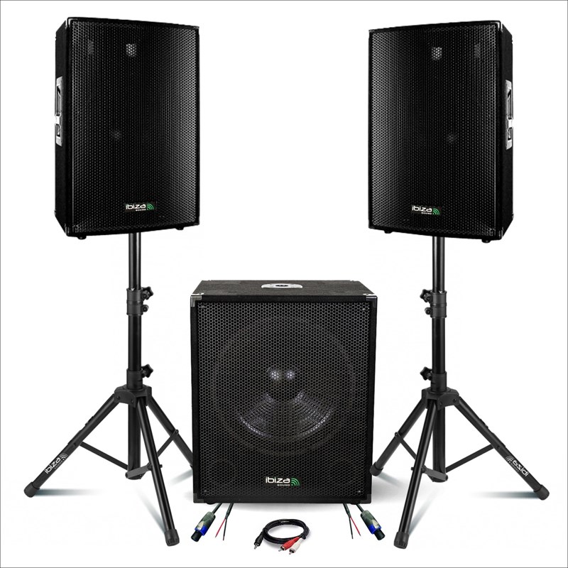 Pack Sono 2200W - 2 Enceintes IBIZA DISCO15B 2X700W 38CM + Caisson Actif IBIZA SUB15A 800W + SS01B-M