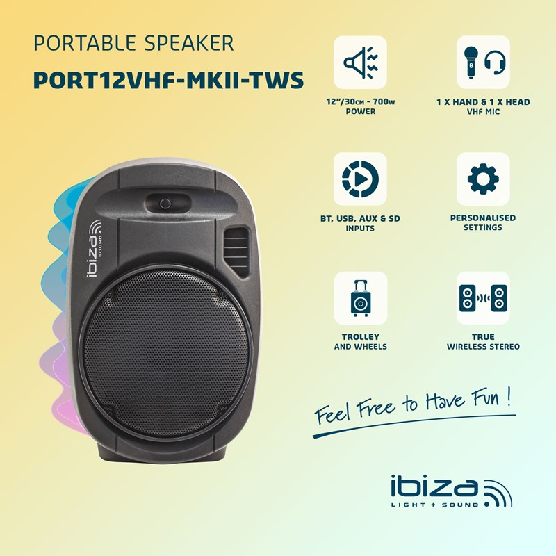 Enceinte Portable Autonome avec USB, BT, SD - Ibiza Sound PORT12VHF-MKII-TWS batterie
