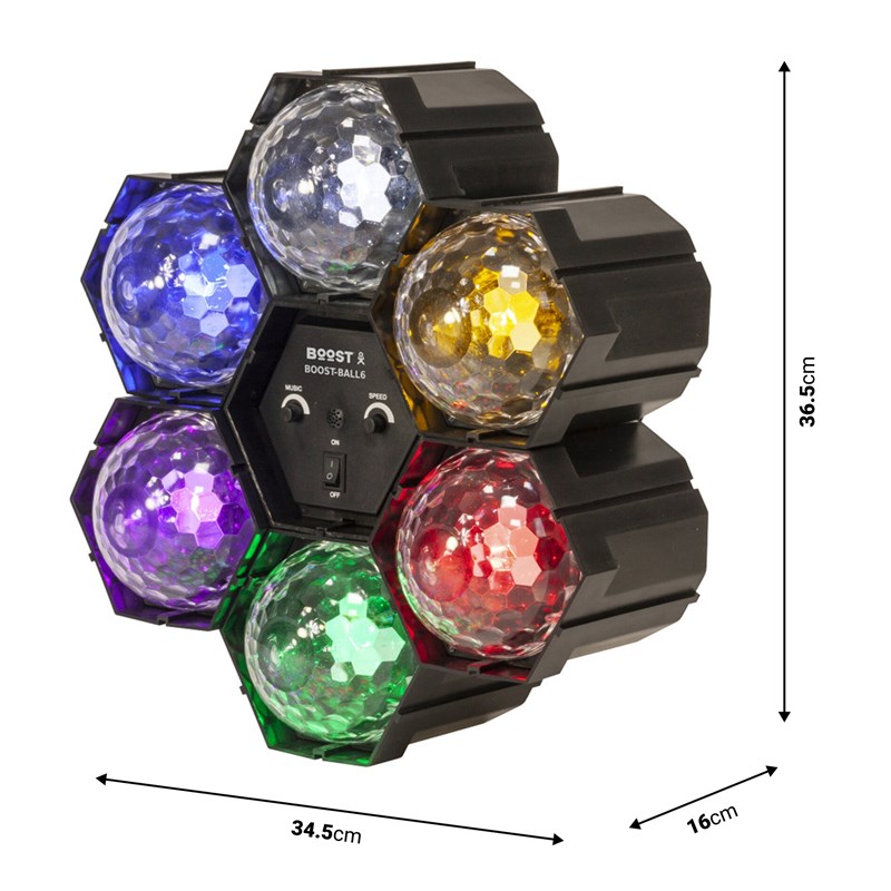 Séquenceur lumière 6 Astros LED multicolores - Auto/Musique - BOOST-BALL6 dimensions