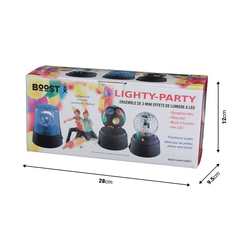 Pack 3 mini effets lumière LED - Boule, Disco, Gyro - emballage