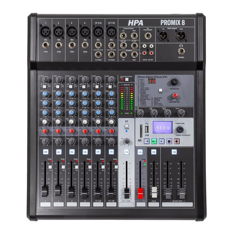 Console de mixage 8 canaux avec multi-effets, USB - façade