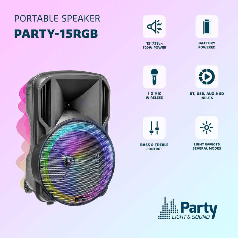 Enceinte Portable 15'' - Batterie - LED RVB - Micro VHF sono