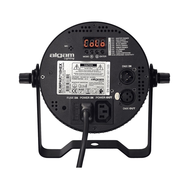 Projecteur PAR LED - 7x10W 6-en-1 RGBWAU branchement connectique
