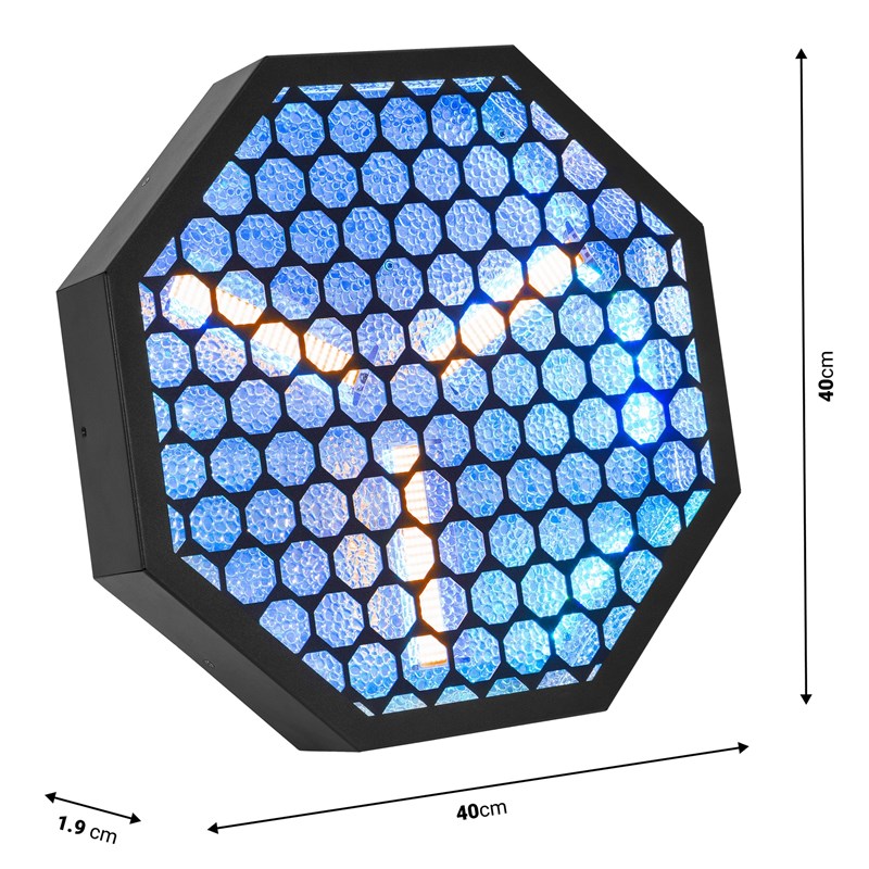 Effet LED vintage octogonal - 3x60W ambre + RGB - Mac Mah - Amber-O - dimensions