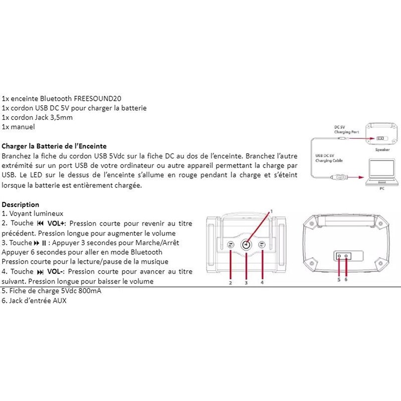 Enceinte Bluetooth stéréo rechargeable - notice
