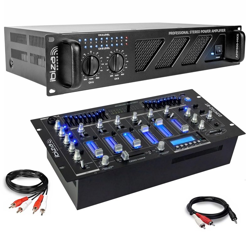 Pack Ampli SONO IBIZA SOUND AMP800-MKII 2x600W - 1200W + Table de Mixage DJM102-BT 19'' USB BT + Câb