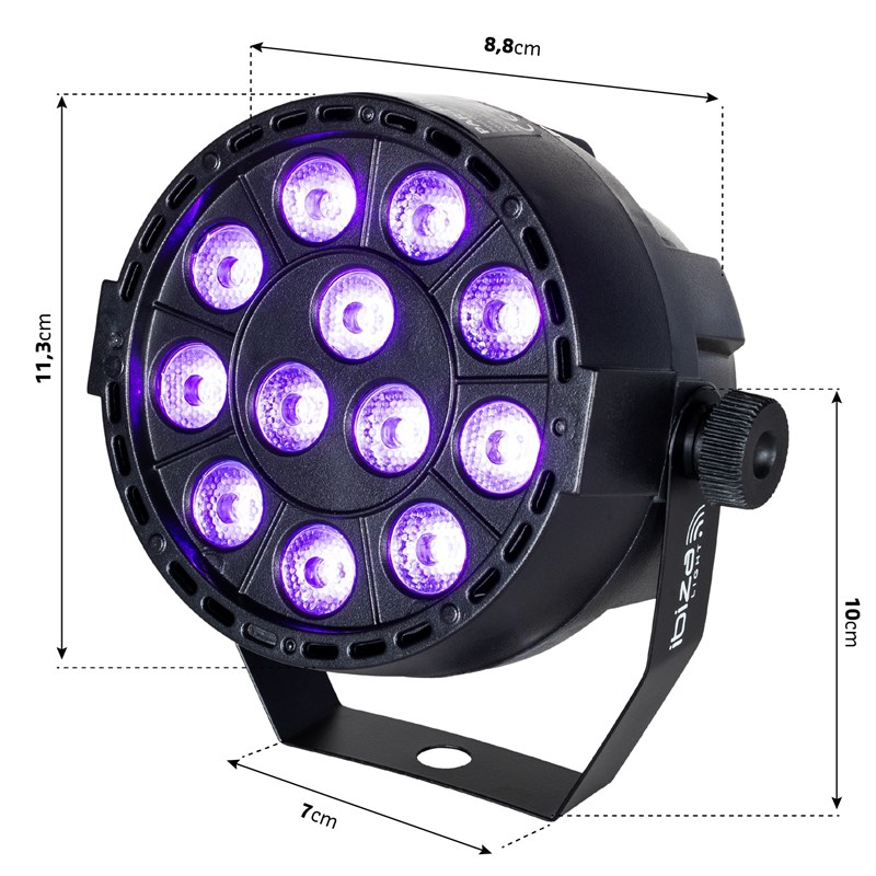 Projecteur PAR UV 12 LED 2W DMX stroboscope - dimensions