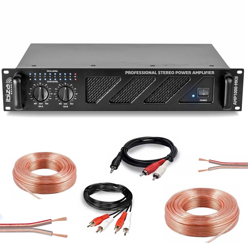 Pack Ampli Sono Ibiza Sound AMP1000-MKII 2x800W - 1600W + Câbles HP 2X5M + Câble PC RCA - DJ Soirée