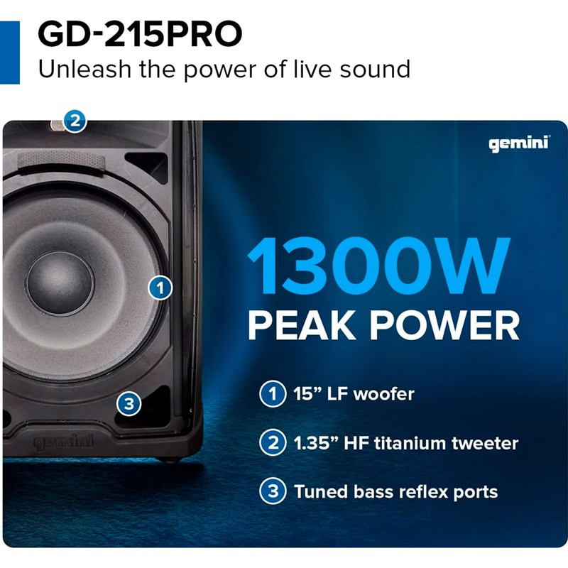 Enceinte amplifiée 15" Bluetooth 1300 W – puissance Gemini GD-215PRO