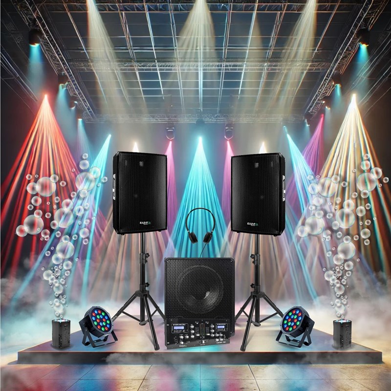 Pack 2 enceintes sono - Caisson 800W - 2 Projecteurs - 2 Machines à bullesSono DJ, Puissance 800W, C