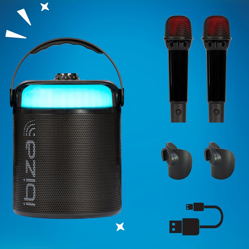 Enceinte BT Karaoké 120W - 2 micros sans fil, effets LED & vocaux - Noir fête