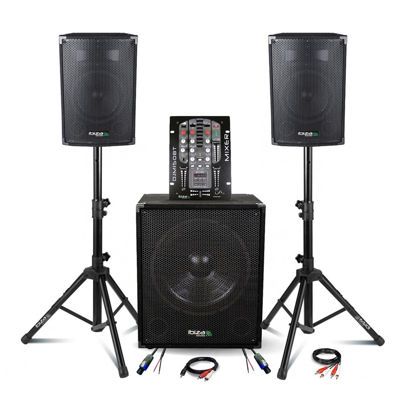 Pack Sono 1400W Ibiza - 2 Enceintes DISCO8B 2X300W + Caisson SUB15A 800W + Mixage DJM150USB-BT + Pie