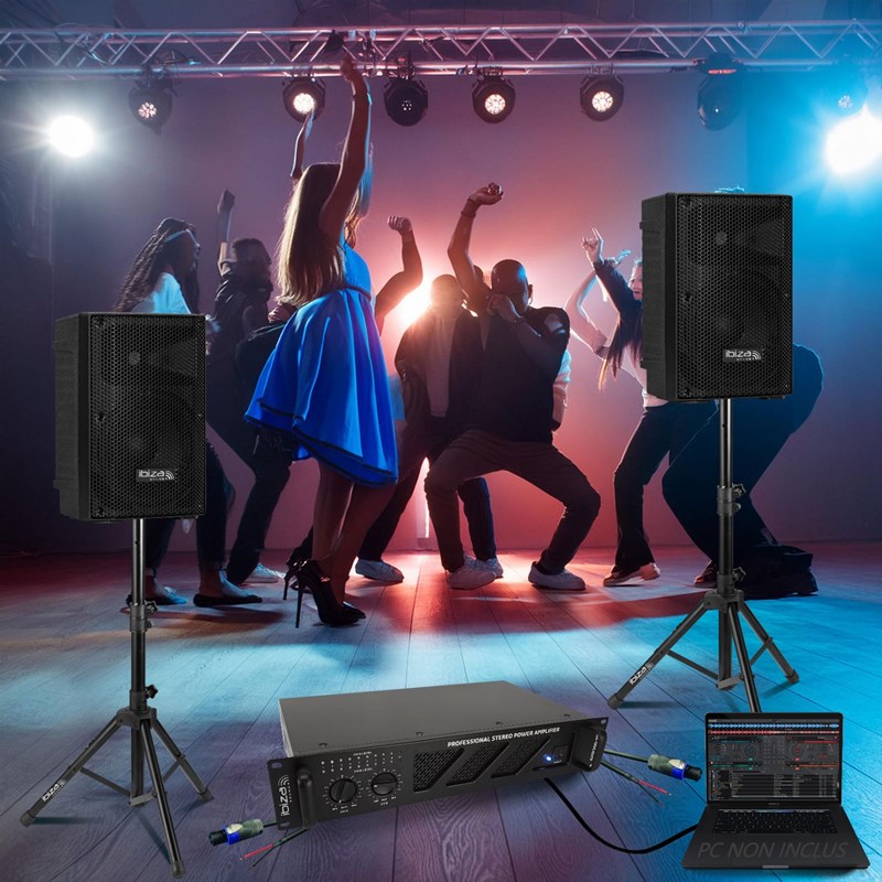 Pack Sono 2 Enceintes Passives Ibiza XTK8-MKII 8" 200W - Ampli 2x240W AMP300-MKII - Pieds support -