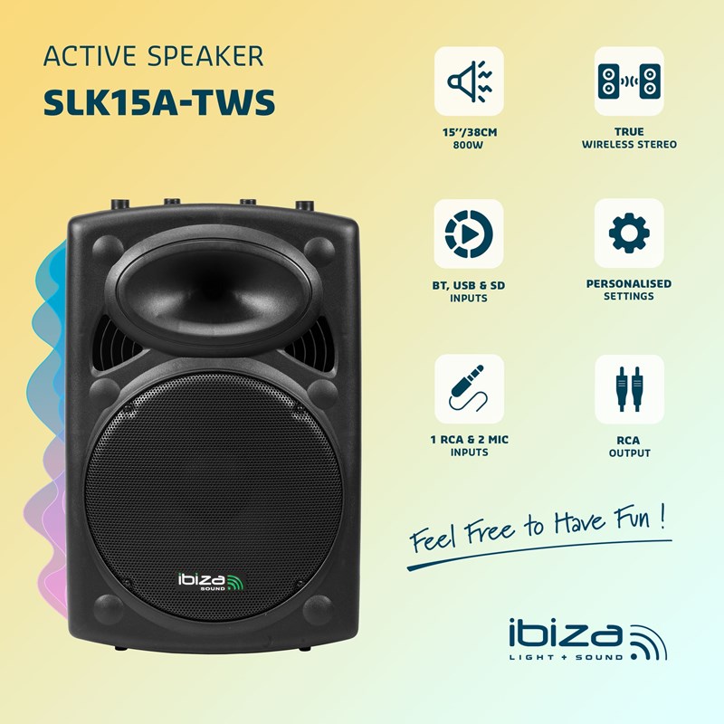 Enceinte sono active Ibiza Sound SLK15A-TWS de 800W avec lecteur USB polyvalente