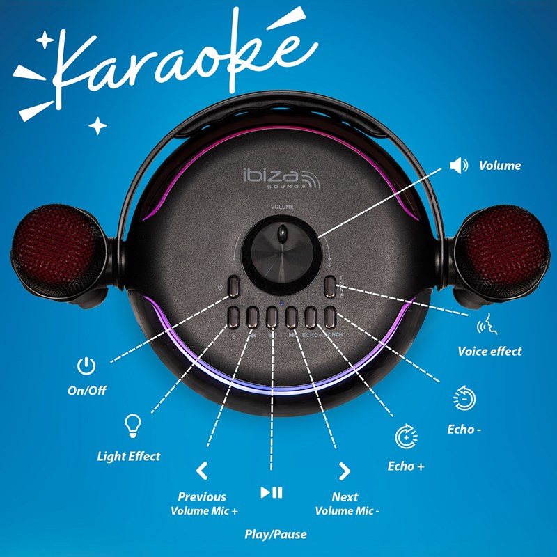 Enceinte BT Karaoké 120W - 2 micros sans fil, effets LED & vocaux - Noir vocaux