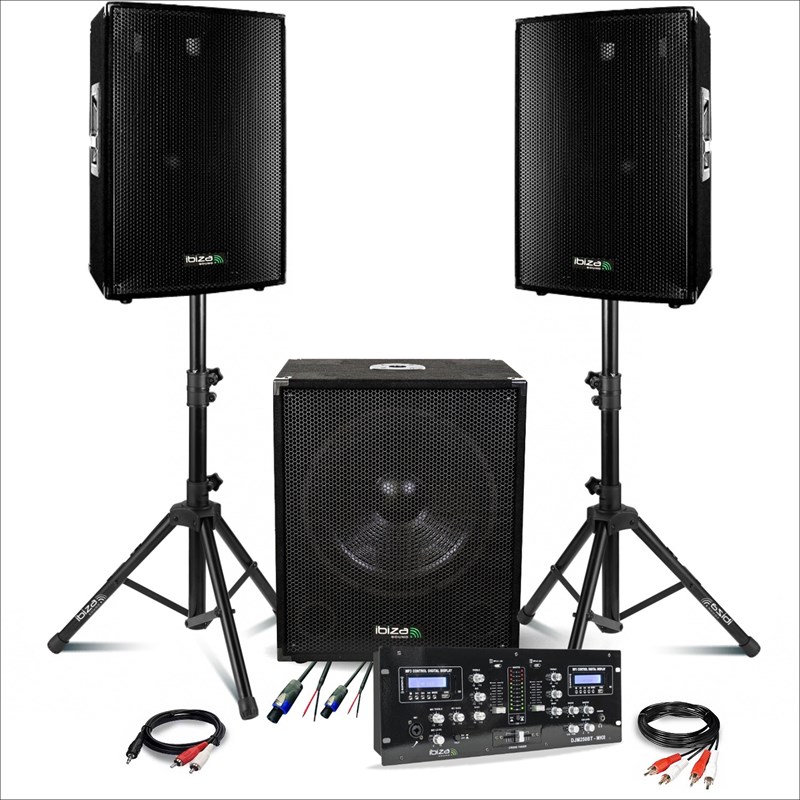 Pack Sono 2200W - 2 Enceintes IBIZA DISCO15B 2X700W 15" + Caisson Actif SUB15A 800W + Pieds + Table