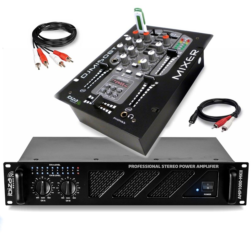 Pack Ampli SONO 1600W IBIZA AMP1000-MKII 2x800W + Table de Mixage DJM150USB-BT USB BT + Câbles - DJ