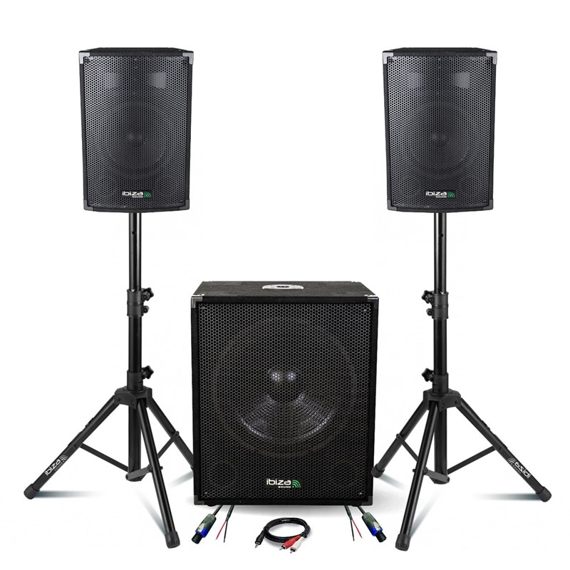 Pack Sono 1400W - 2 Enceintes DISCO8B 2X300W + Caisson Actif Ibiza SUB15A 800W + Pieds SS01B-MINI +