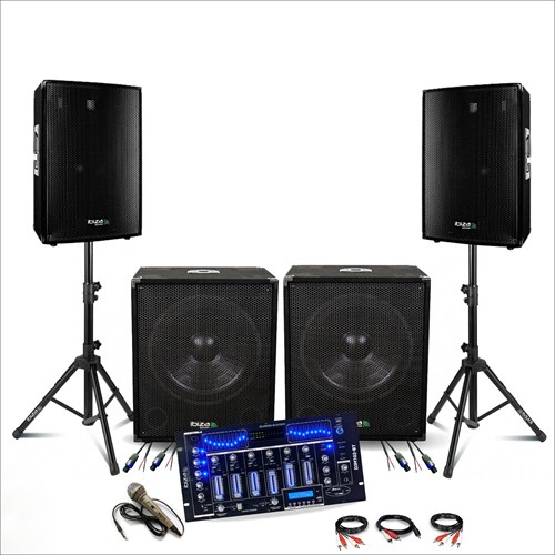 PACK 3000W : DISCO15B + SUB15A + DJM102 + Pieds