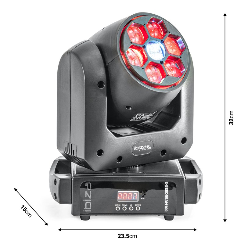 Lyre Spot 100W + B-Eye 6 x 10W DMX 17 canaux - dimensions