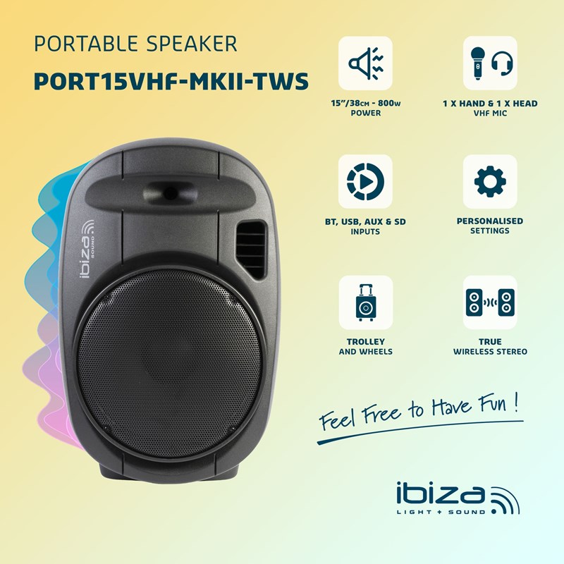 Sono portable 15" TWS avec Bluetooth et micros VHF - PORT15VHF-MKII-TWS