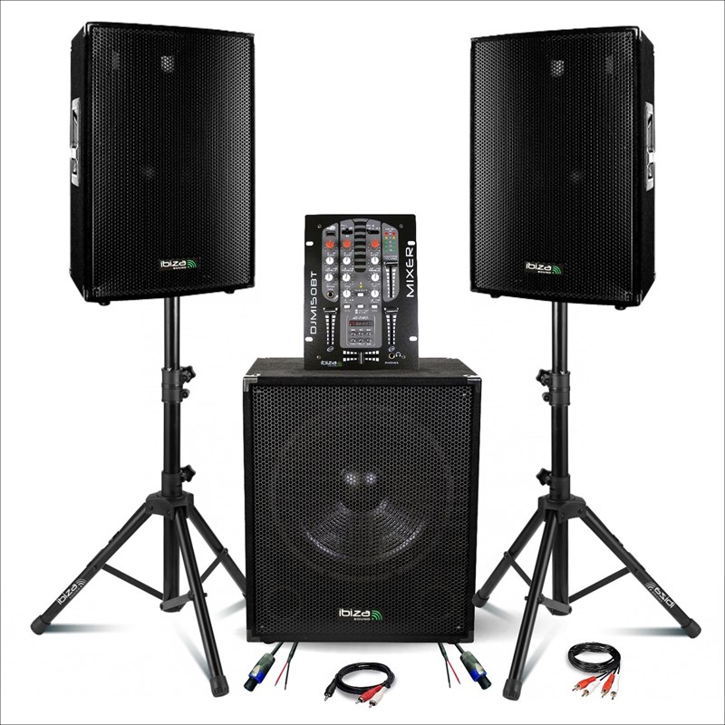 Pack Sono 2200W - 2 Enceintes IBIZA DISCO15B 2X700W + Caisson Actif SUB15A 800W + Pieds + Mixage DJM