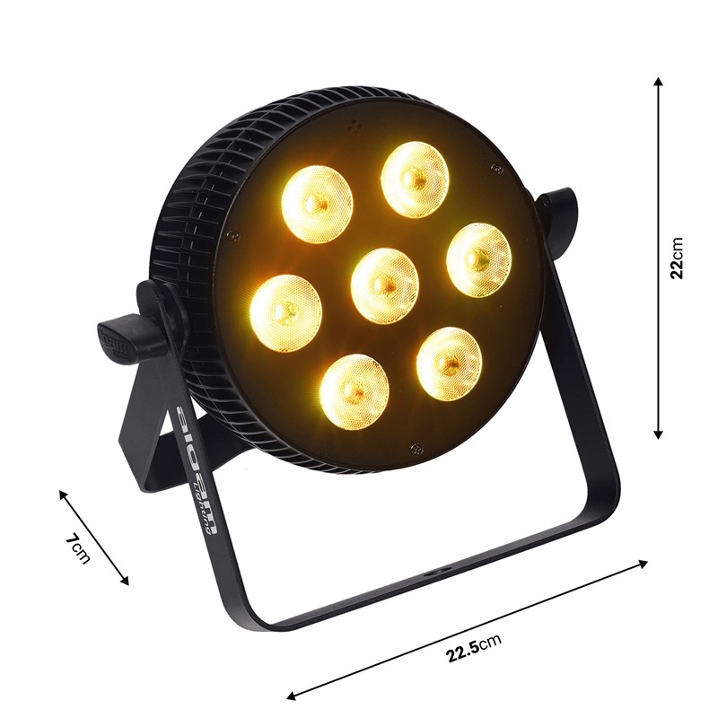 Projecteur LED RGBW 7x10W - DMX - lyre & télécommande - dimensions
