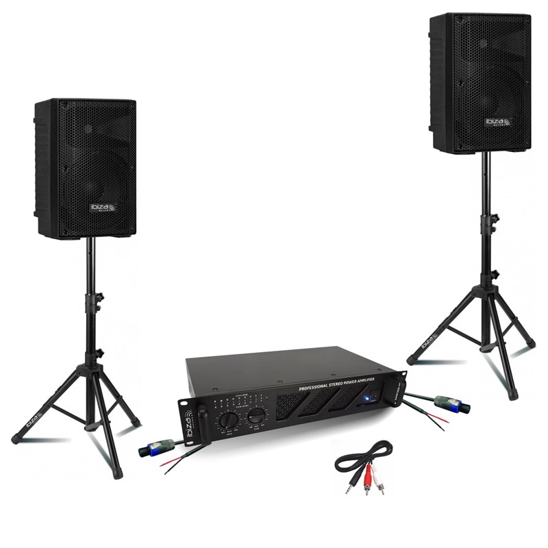 Pack Sono 2 Enceintes Passives Ibiza XTK8-MKII 8" 200W - Ampli 2x240W AMP300-MKII - Pieds support -