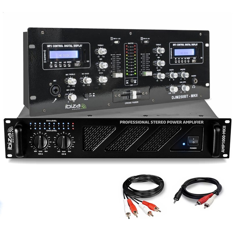 Pack Ampli SONO 1600W IBIZA SOUND AMP1000-MKII 2x800W + Table de Mixage DJM250BT-MKII USB SD BLUETOO