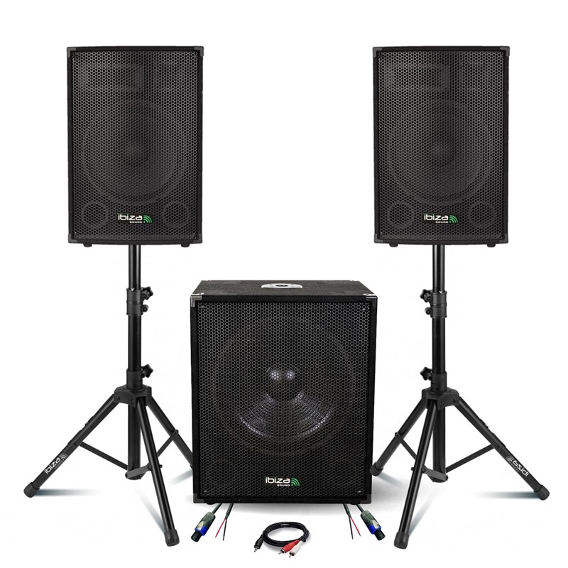 Pack Sono 2000W - 2 Enceintes IBIZA DISCO12B 2X600W + Caisson Actif IBIZA SUB15A 800W + Pieds + Câbl
