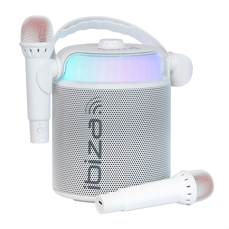 Enceinte BT Karaoké 120W - 2 micros sans fil, effets LED & vocaux - Blanc bluetooth