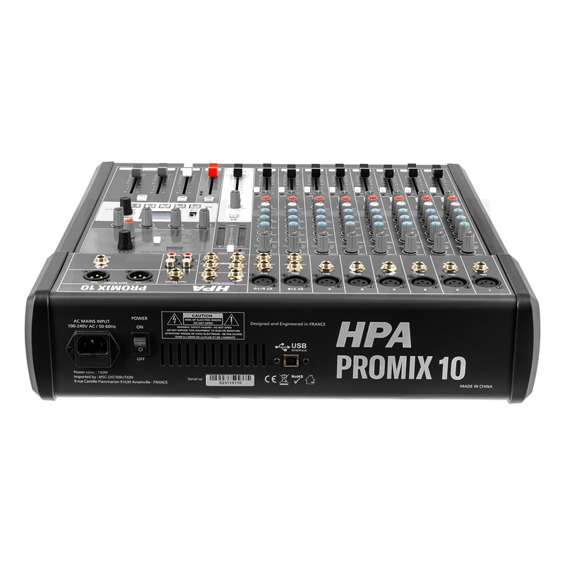 Console de mixage 10 canaux avec multi-effets, USB 2.0, Bluetooth et lecteur MP3/SD - arrière