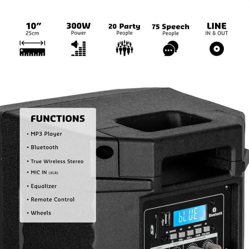 Enceinte Sono Active de 10"/25cm - 300W - BT, USB - TWS soirée