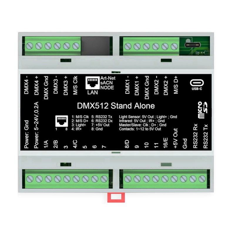 Interface Ethernet vers DMX 512 canaux sur rail DIN - dessus
