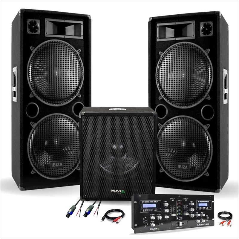 Pack Sono 3800W Total - 2 Enceintes STAR212 2X1500W + Caisson Actif IBIZA SUB15A 800W + Mixage DJM25