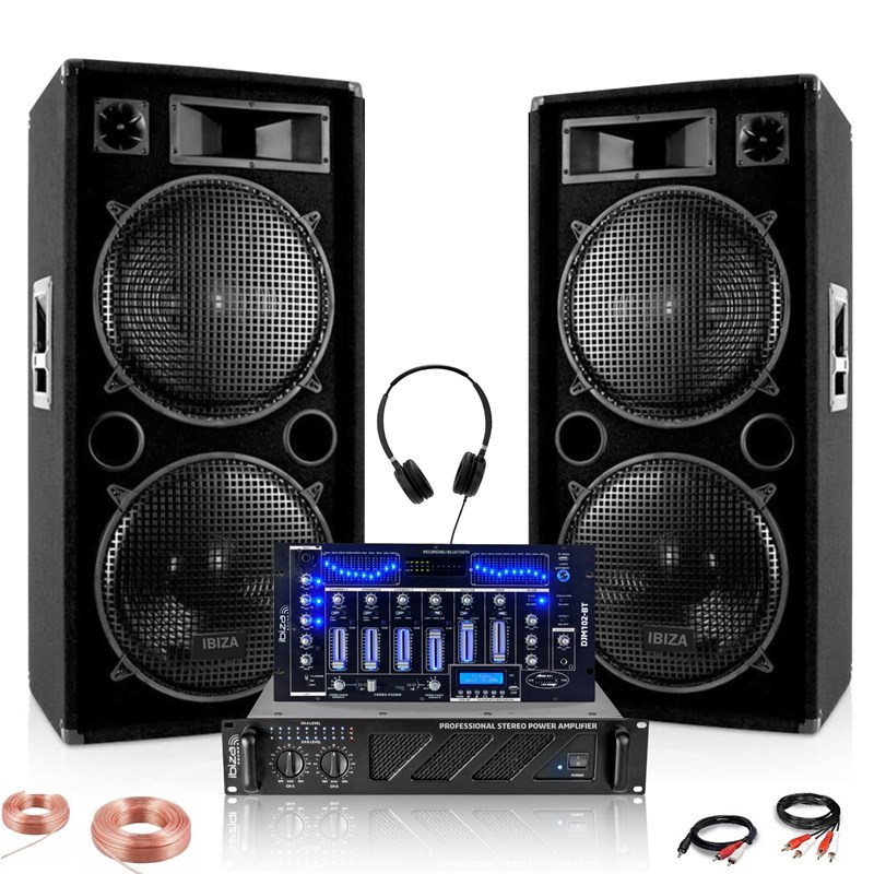 Pack Sono DJ PRO - Ampli AMP2000-MKII 2x1500W + 2 Enceintes STAR215 2x2000W PMPO Bass Reflex + Table