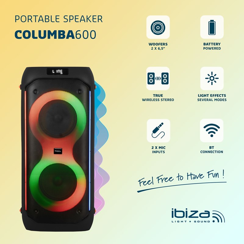 Enceinte Bluetooth autonome LED 2 x 6.5" 600W - TWS